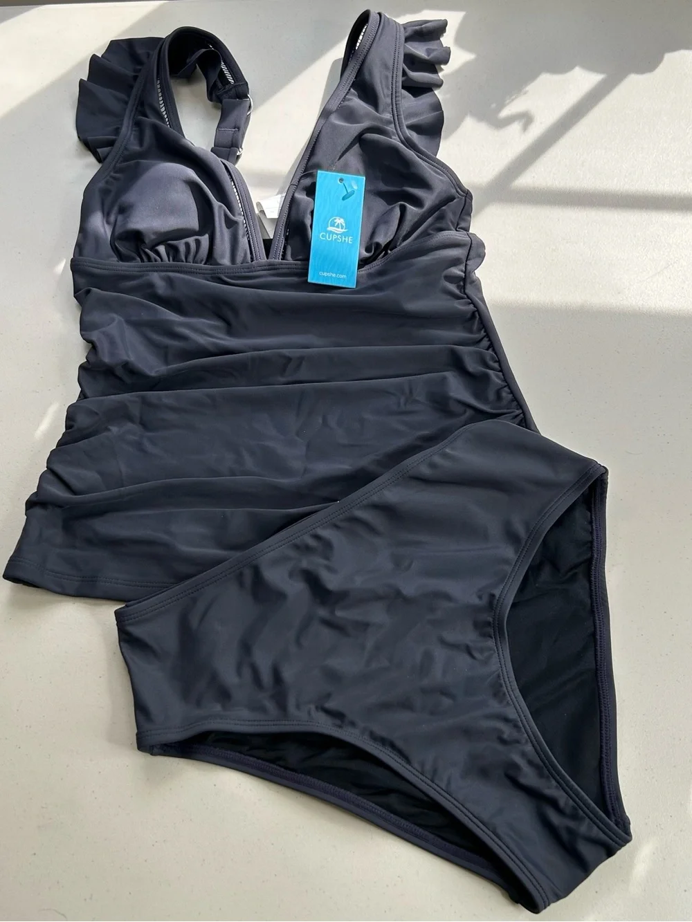 Cupshe Tankini Bikini Set Black XS Ruffle Tummy Control New